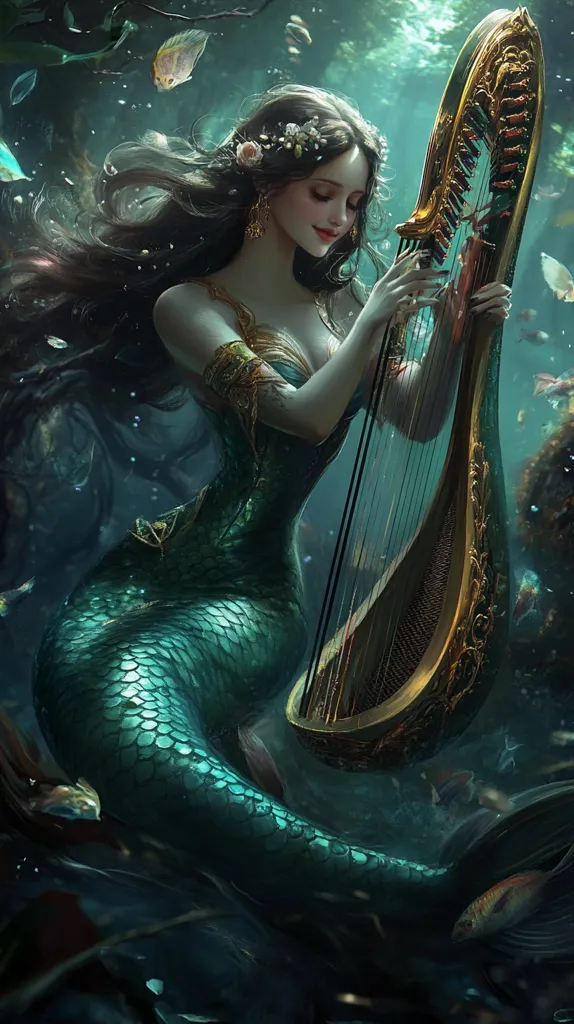 A mermaid with long dark hair and a flowing green tail sits in the ocean, playing a golden harp. She is adorned with flowers and jewelry, and her expression is serene. The water around her is filled with small fish and seaweed, creating a magical and ethereal scene.