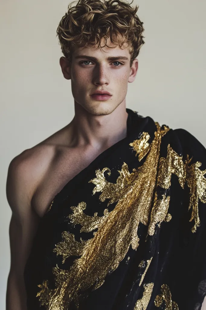 A young man with curly blonde hair and a bare chest stares intensely at the camera. He is wearing a black garment with gold embroidery that drapes over one shoulder. The background is a plain, light beige.  His face is clean-shaven and he has freckles across his nose and cheeks. The lighting is soft and even, highlighting the textures of his skin and the fabric.  The image conveys a sense of both vulnerability and strength.
