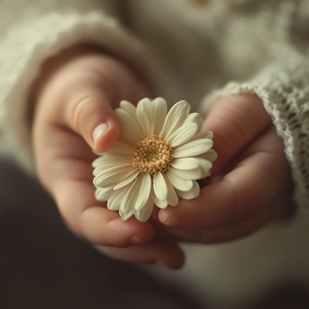 A child's small hands, wearing a white sweater, gently cradle a single white daisy. The flower's delicate petals are soft and the yellow center is visible. The image captures the innocence and tenderness of childhood.