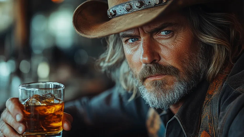 A rugged man with long grey hair and a beard, wearing a brown cowboy hat and a blue denim jacket, holds a glass of whiskey with ice in his right hand. He has intense blue eyes and a determined expression on his face. The background is out of focus, suggesting a bar or saloon setting.