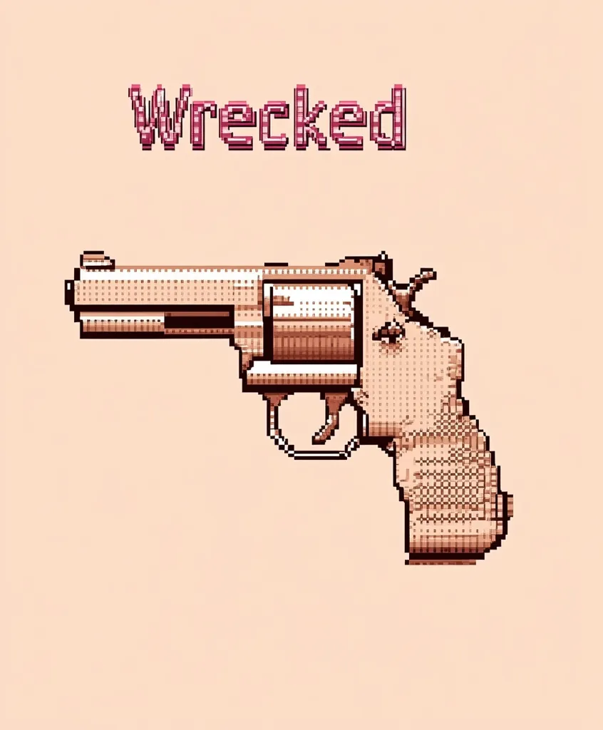 The image shows a pixelated revolver with the word "wrecked" written in pink above it. The image has a retro, vintage aesthetic. The revolver is pointed to the left, with the barrel facing the viewer. The overall image is simple and minimalist.