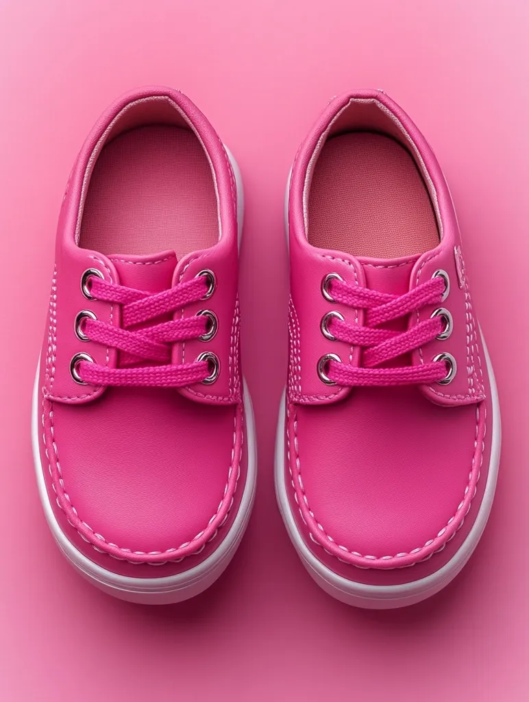 A pair of bright pink sneakers with white laces and white soles are set against a pink background. The shoes are laid out side by side, with the toes facing forward. The stitching around the edges of the shoes is visible. The overall look is playful and feminine.