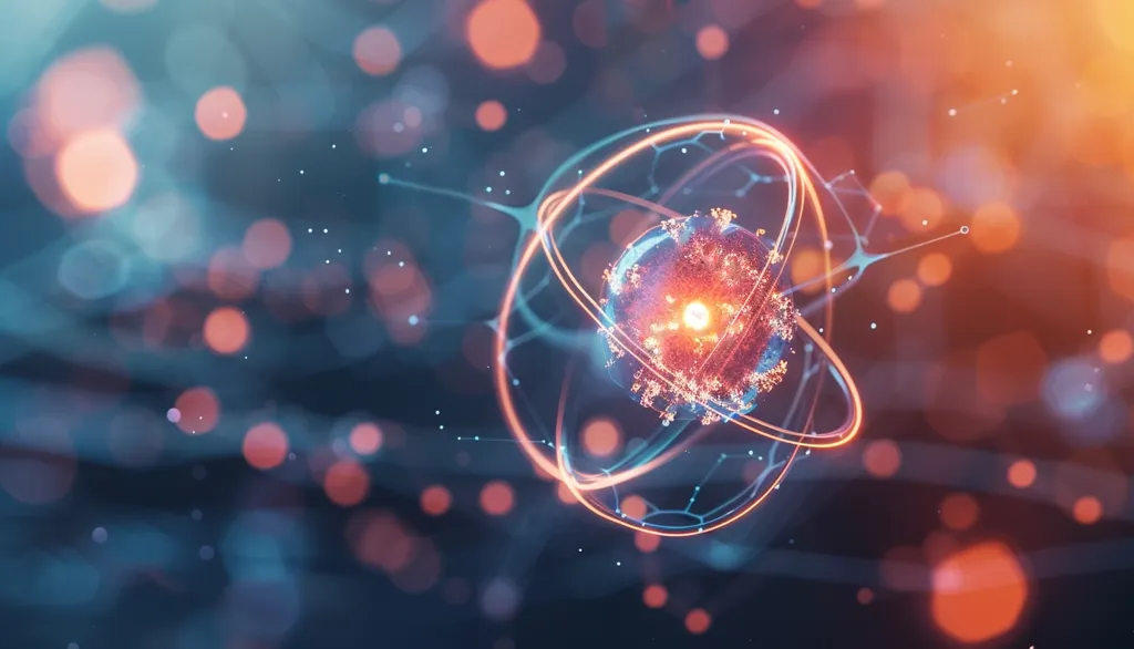 The image shows a glowing, abstract representation of an atom, with a central nucleus surrounded by orbiting electrons. The atom is surrounded by a field of colorful bokeh lights, creating a futuristic and ethereal ambiance. The image evokes a sense of scientific exploration and the interconnectedness of all things.  The colors are vibrant and warm, with shades of red, orange, blue, and white dominating the scene. The overall effect is captivating and mesmerizing, inviting viewers to ponder the wonders of the universe and the intricate nature of matter.