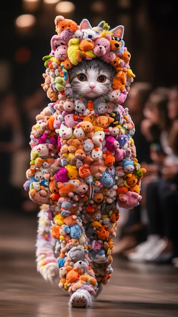 A cat is dressed in a full-body suit made entirely of small, colorful stuffed animals. The cat is walking down a runway, with a blurred background of a crowd watching. The cat's face is visible through the many stuffed animals, and its eyes are looking directly at the camera. The suit is a creative and unique piece of fashion.