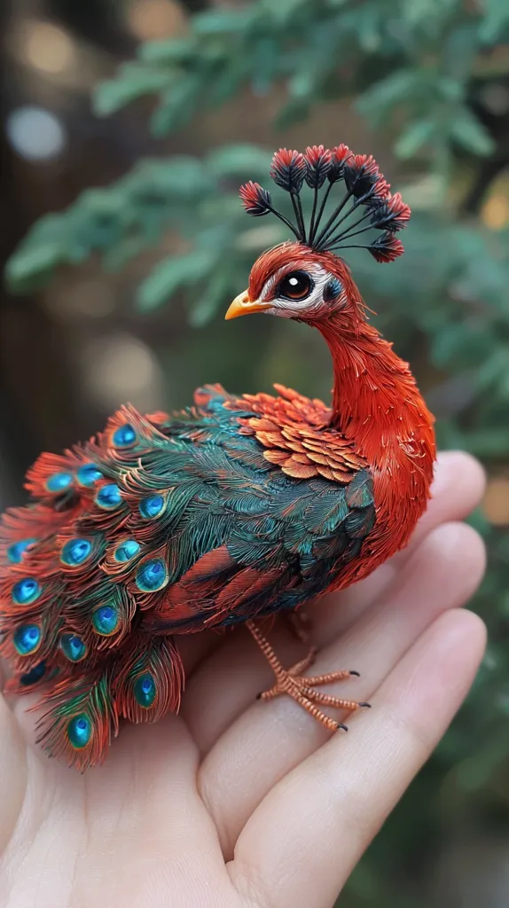 A meticulously crafted peacock figurine, resting in an outstretched hand, showcases intricate details. Its feathers are meticulously crafted in shades of red, green, and blue, with a prominent, feathered crown. The figurine's copper-toned legs and sharp talons add to its realistic appearance.  The background features a soft blur of green foliage, creating a sense of depth and natural beauty.
