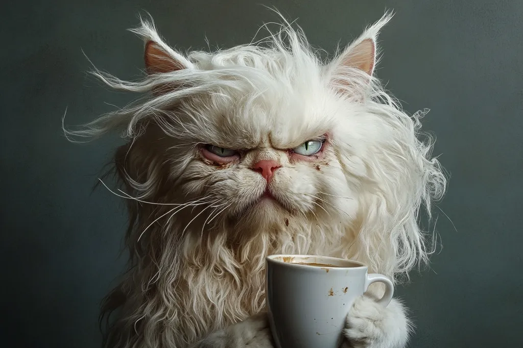 A white cat with long, messy fur stares intensely at the camera. Its green eyes are narrowed and its expression is serious. The cat is holding a white mug with a brown liquid in it, possibly coffee. The mug and the cat's fur are covered in brown stains, suggesting that the cat has been enjoying its drink. The background is a simple gray color, which helps to focus attention on the cat. The overall tone of the image is humorous, with the cat's expression and the messy situation hinting at a bit of trouble.
