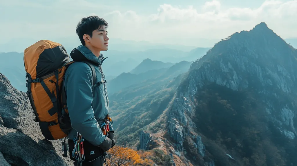 A young man stands on a rocky mountain ridge, looking out over a vast, hazy mountain range. He is wearing a blue jacket and carrying a large, orange backpack. The sunlight bathes the scene in a soft, golden glow, highlighting the rugged beauty of the landscape. He is likely a hiker or climber, enjoying the breathtaking views from his high vantage point.