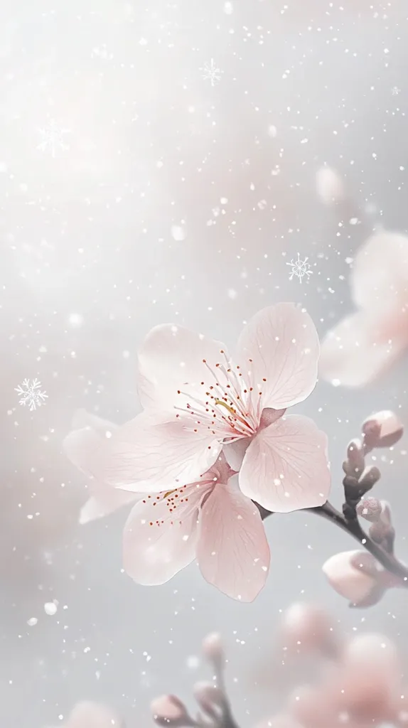 A delicate pink flower blossoms against a soft, light gray background. The flower is in the foreground, with a blurred background of other flowers and a gentle snowfall. The image creates a serene and ethereal mood. The soft light and delicate details evoke a sense of tranquility and beauty.