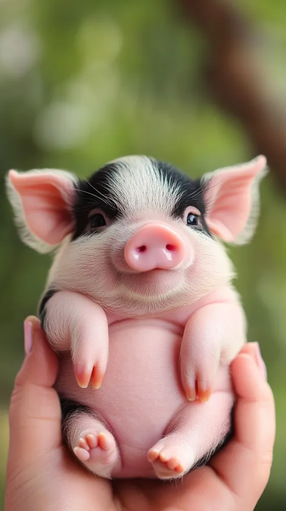 A small, black and white piglet is being held in someone's hands. The piglet has a pink snout and large, pink feet. It is looking up with a curious expression, its eyes wide open. The piglet appears to be very young and its fur is soft and fluffy. The background is blurry, suggesting an outdoor setting.  The piglet's cuteness is undeniable.