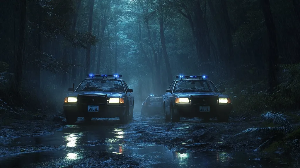 Three police cars drive through a dense, dark forest. The road is wet and muddy, and the forest is shrouded in mist. The only light comes from the headlights of the cars and the blue flashing lights on their roofs. The image creates a sense of mystery and suspense.