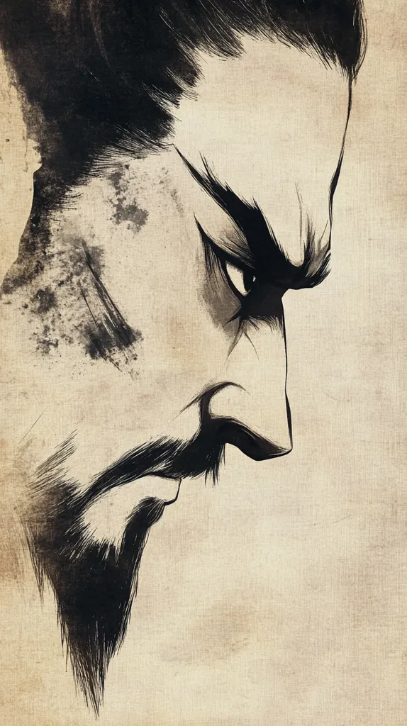 The image is a close-up drawing of a man's face. His eyes are narrowed, giving him an intense and serious expression. The drawing is done in black ink on a light brown background. The man's face is partially obscured by his long hair, creating a sense of mystery.  The lines are thick and bold, contributing to the overall sense of intensity. The image evokes a feeling of strength and determination.