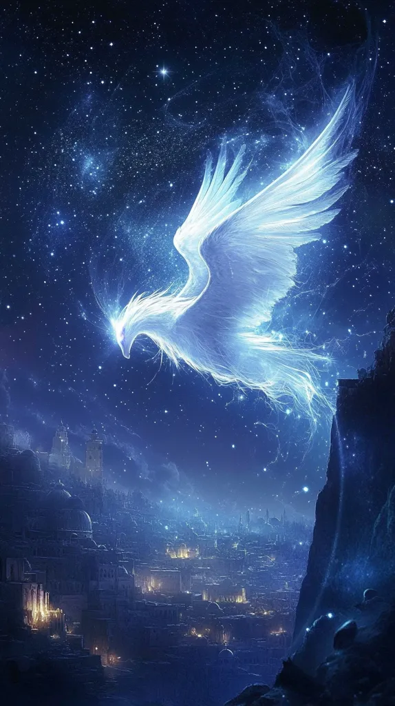 A white, ethereal phoenix soars through a star-filled night sky. Its wings are spread wide, and it leaves a trail of shimmering light in its wake.  The phoenix flies over a distant city, its lights twinkling in the darkness. The scene is magical and otherworldly, and it evokes a sense of wonder and awe.