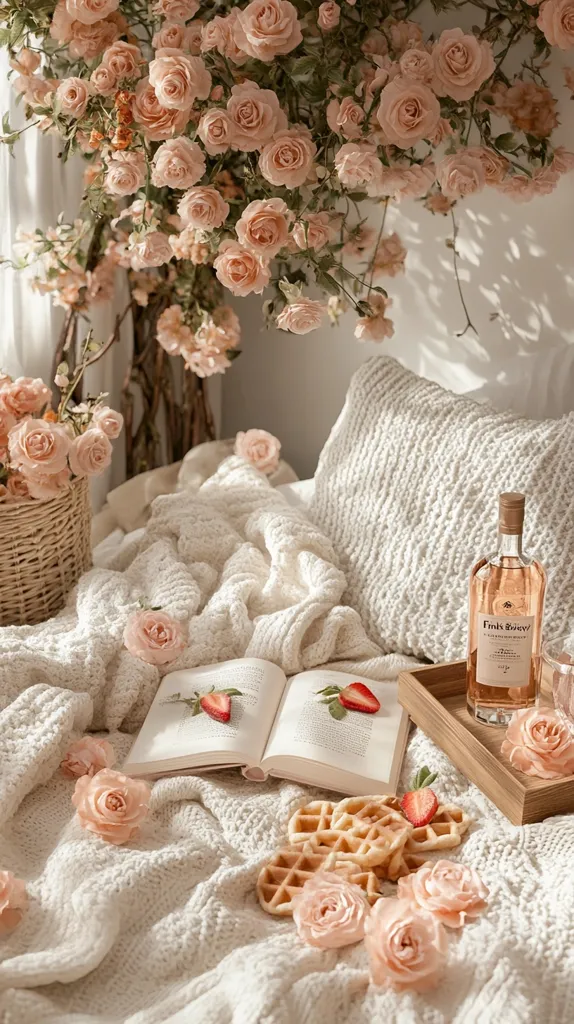 A cozy, white knit blanket is adorned with delicate pink roses, waffles, and strawberries. An open book rests on the blanket, and a bottle of pink liqueur sits on a wooden tray nearby. A large bouquet of roses hangs overhead, casting a warm glow on the scene. The overall atmosphere is inviting and romantic, perfect for a lazy afternoon.