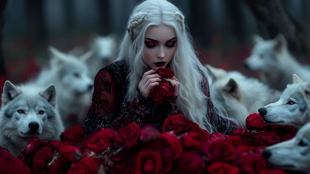 A woman with long white hair and dark makeup sits surrounded by a sea of red roses and white wolves. She holds a red rose to her face and appears lost in thought, creating a dark and mysterious atmosphere. The image has a gothic and ethereal quality, suggesting a connection between the woman and the wolves. The contrast between the bright red roses and the white wolves creates a striking visual impact. The overall composition is captivating and draws the viewer into the scene.
