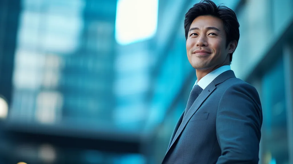 A man in a dark suit and tie smiles and looks off to the side. He stands in front of a building with a light blue facade. He is likely in a professional setting, maybe an office building. The man's confident expression and his professional attire suggest success and ambition.