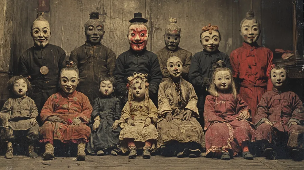 A group of 10 children, dressed in traditional clothing, sit in a row in front of a dark, textured wall.  The children are mostly girls, and they wear a variety of patterned fabrics in shades of red, black, white, and brown. They all have a  similar, somewhat unsettling expression on their faces.  The photograph was likely taken sometime in the early 20th century.  The subject matter and the composition of the image give it a haunting, eerie quality.