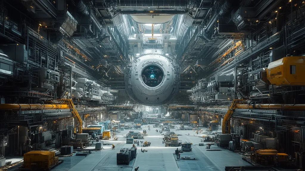 The image shows a futuristic, industrial setting with a large, spherical object in the center. The object has a glowing blue eye-like feature. The surrounding area is filled with complex machinery, pipes, and walkways, creating a labyrinthine structure. The scene is dominated by metallic tones, and the overall atmosphere is one of technological advancement and industrial power.  The ground is a smooth, gray surface and there are small figures scattered throughout the image, giving a sense of scale.  The image evokes a sense of mystery and wonder, suggesting a technologically advanced society that has pushed the boundaries of engineering and design.
