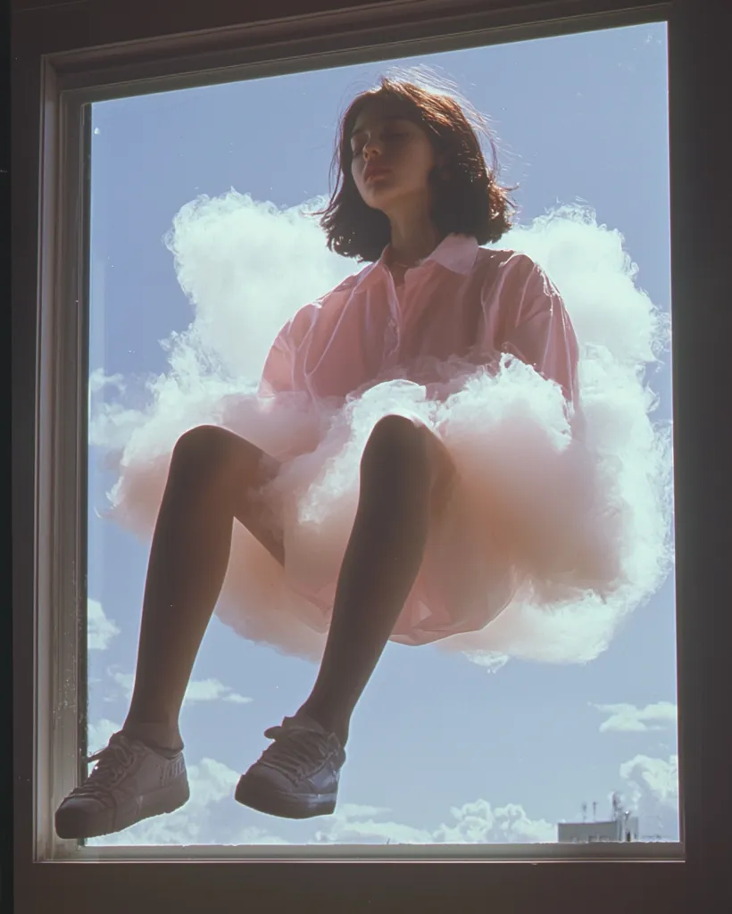 A young woman with short brown hair is sitting on a fluffy cloud. She is wearing a pink shirt and white sneakers. The window frame is visible around the image, suggesting she is looking out from a building. The sky is blue and there are other clouds visible in the background. The overall image creates a dreamy and ethereal mood.