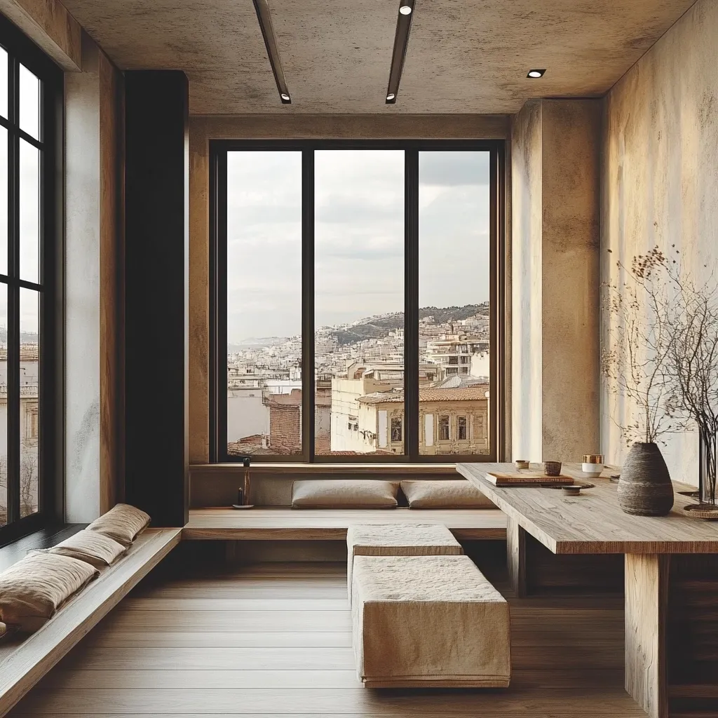 The image depicts a modern, minimalist living room with a large window offering a panoramic view of a cityscape. The room features a wooden floor, a long wooden bench with cushions, a wooden table with a vase, and a pair of comfortable, linen-covered ottomans. The walls are textured and painted in a warm, earthy tone, creating a serene and inviting atmosphere. Natural light floods the room, highlighting the simplicity and elegance of the design.
