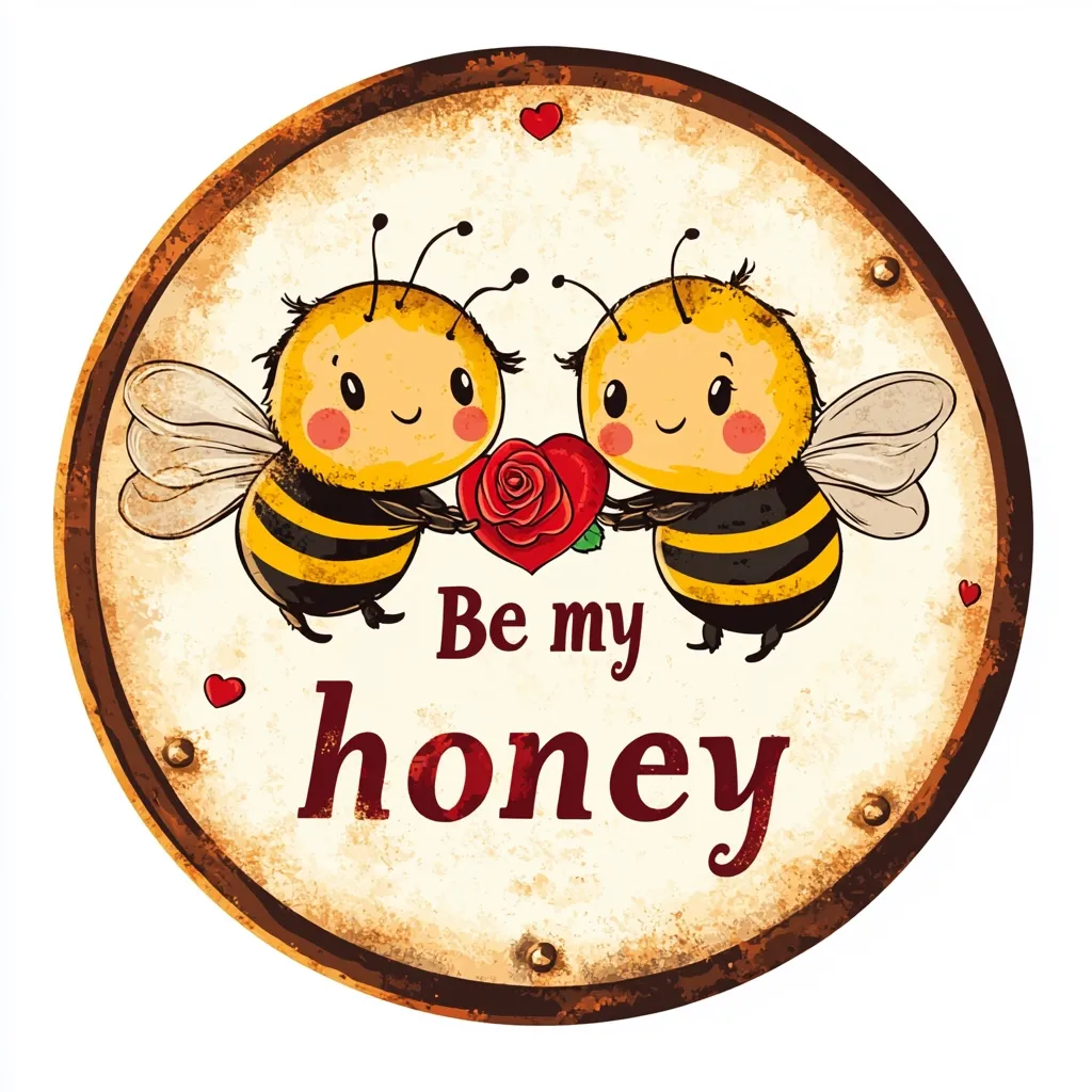 The image shows a round, rusty metal sign with two cartoon bees holding a red heart with a rose. They are both looking at each other with a smile. The sign says "Be my honey" in red letters. It is a cute and romantic image that could be used for a Valentine's Day card or gift.