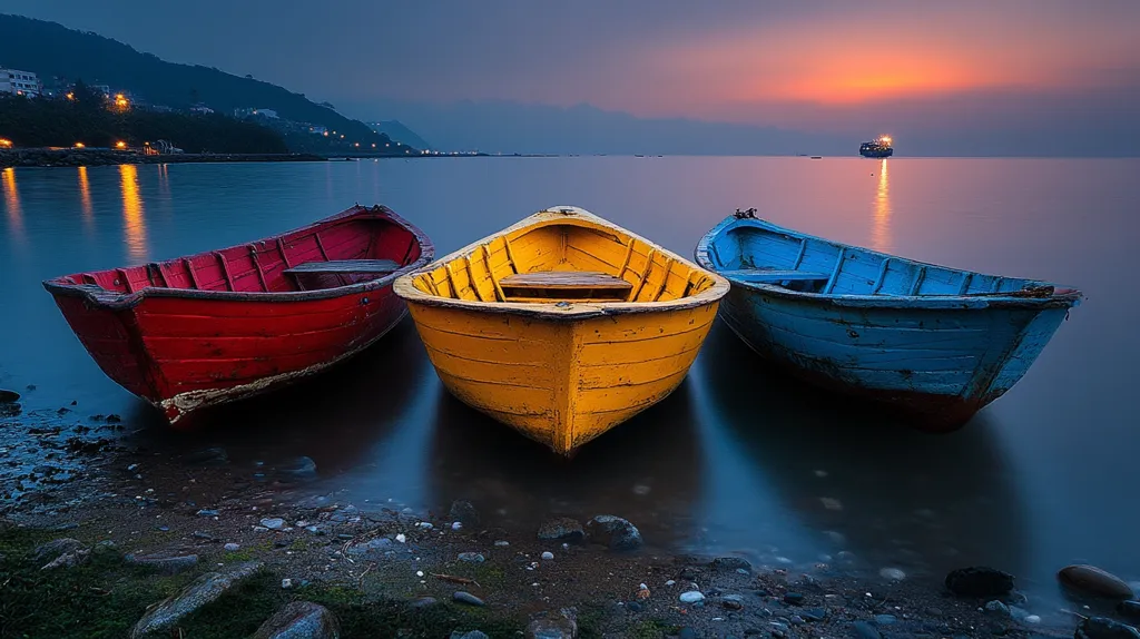 Three small wooden boats, painted red, yellow, and blue, are anchored in a calm bay at sunset.  The water is a deep blue, and the sky is a soft pink and orange.  The boats are positioned in a row, with the red boat on the left, the yellow boat in the center, and the blue boat on the right.  A small, distant island is visible in the background.  The image is serene and peaceful, capturing the beauty of nature.