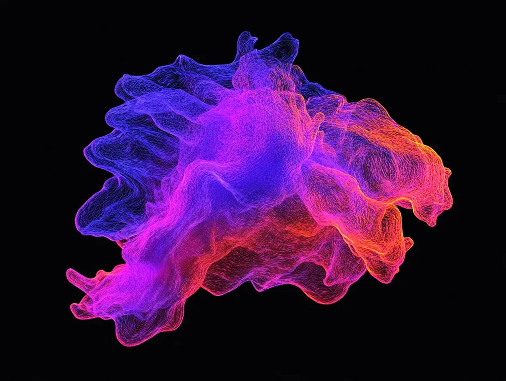 A vibrant, abstract cloud of blue and pink light is rendered in a wireframe style. It is set against a black background, creating a striking contrast. The cloud has a dynamic, swirling shape, suggesting movement and energy. The wireframe technique adds a digital and ethereal quality to the image.