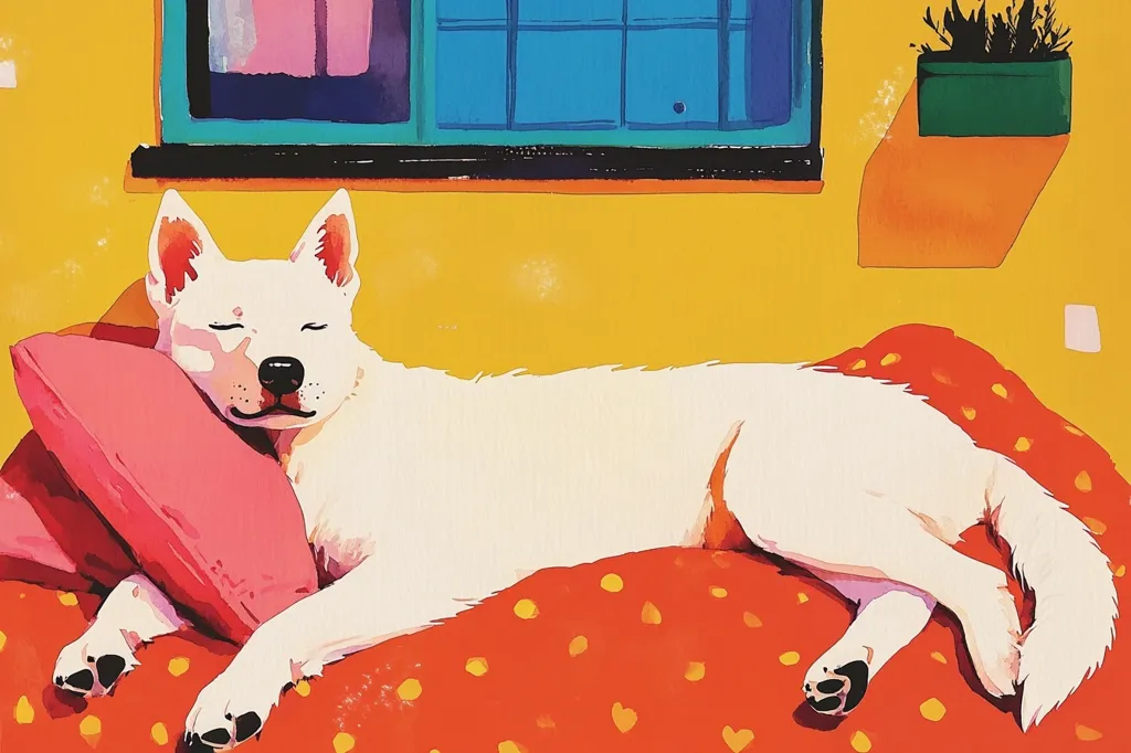 A white dog is sleeping on a red and orange bed with a pink pillow under its head. It's a stylized, cartoonish image with bright, bold colors. The dog is curled up and seems to be very relaxed.  The background is a yellow wall with a window and a potted plant.  There is a small square of white on the wall, near the bottom of the image.