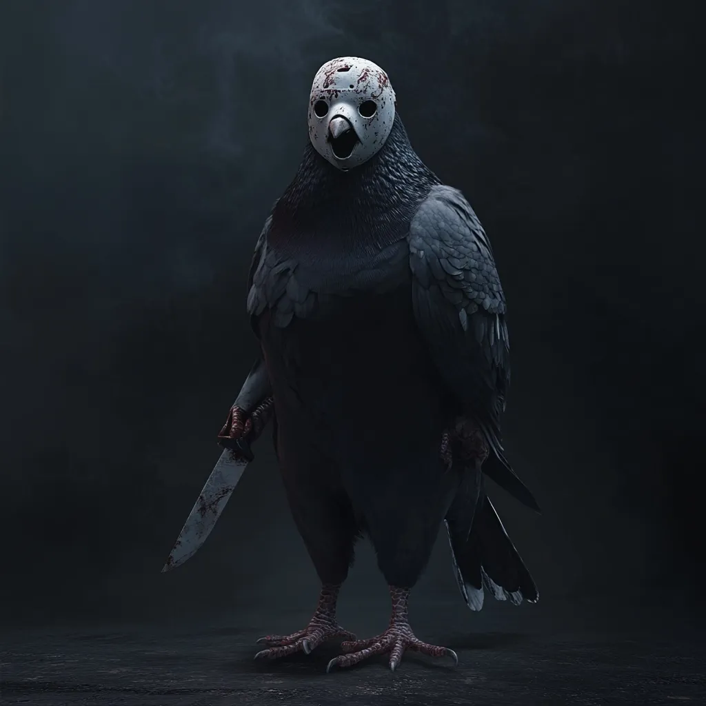 A dark, ominous image of a pigeon wearing a white hockey mask with blood splatters on it. The pigeon holds a bloody knife in its talons, and its piercing eyes stare directly at the viewer. The image is set against a dark, smoky background, creating an unsettling and menacing atmosphere.
