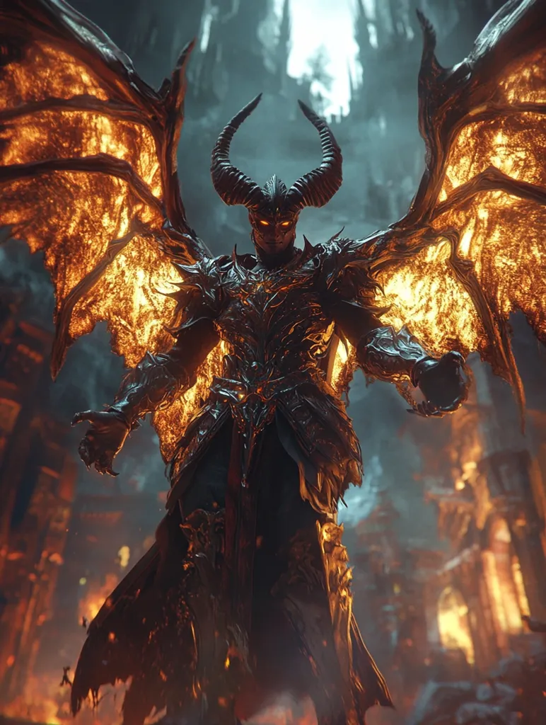 A demonic figure with fiery wings and glowing eyes stands in a fiery, ruined landscape. It wears heavy armor and appears to be in a battle stance. Its dark, imposing presence suggests a powerful being from a realm of fantasy and danger. The image evokes a sense of impending doom and the destructive power of the demonic.