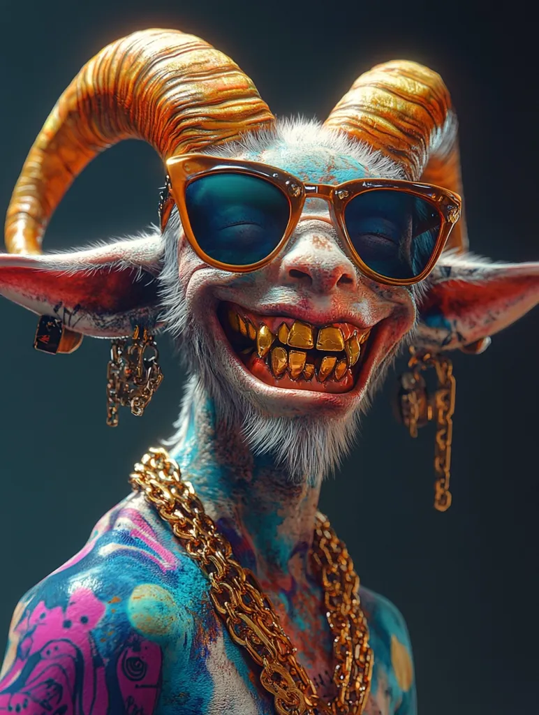 A mischievous-looking creature with large, golden horns, wearing sunglasses and a gold chain, grins widely revealing gold teeth. Their body is covered in colorful tattoos. The creature appears to be a mix of human and goat-like features, with a playful and mischievous expression. The background is a dark, blurred blue-gray.  The image is likely a digital illustration or 3D render.