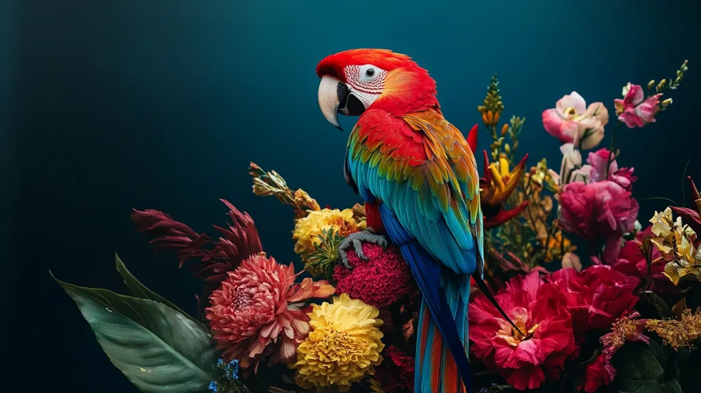 A vibrant scarlet macaw perches amidst a lush bouquet of crimson, yellow, and pink flowers. The bird's bright plumage stands out against the deep blue background, creating a striking contrast. The flowers, with their delicate petals and intricate details, add a touch of elegance and whimsy to the scene. The composition is captivating and evokes a sense of tropical beauty.