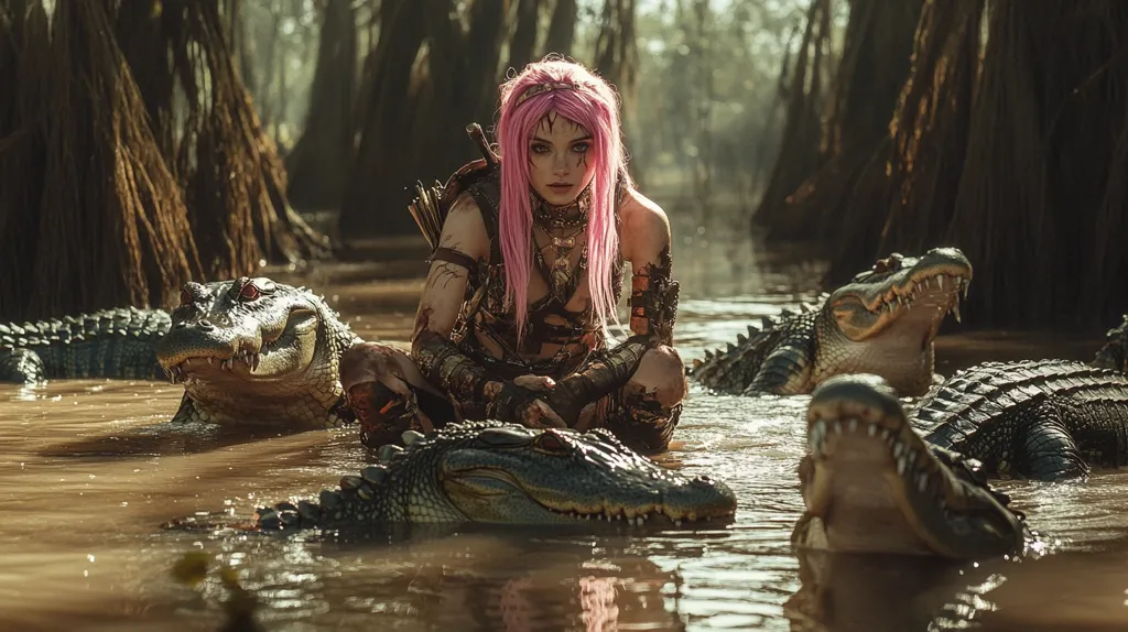 A woman with pink hair sits in a swamp surrounded by alligators. She is wearing a leather outfit and a bow and arrow. Her expression is fierce and determined. The swamp is filled with murky water and the sun is shining through the trees. The image has a dark and mysterious feel.  The woman is likely a warrior or hunter who is unafraid of danger.