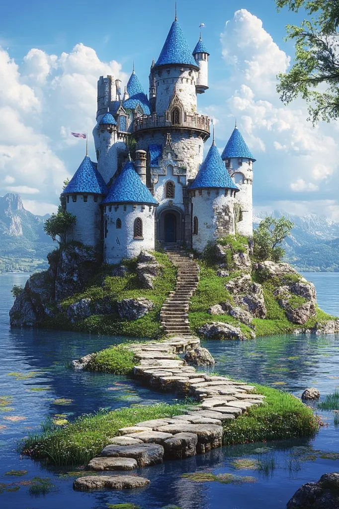 A picturesque fairytale castle stands proudly atop a rocky island, surrounded by sparkling blue water. Its white walls are adorned with blue roofs, and a stone staircase leads down to a winding path of stepping stones. The castle sits under a bright sky with fluffy clouds, making it seem magical and out of reach. Lush greenery surrounds the island, adding to the enchanting atmosphere.
