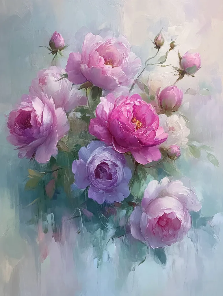 A beautiful bouquet of pink and purple roses is arranged in a hazy, soft background. The roses are in various stages of bloom, with some fully open and others still tightly closed. The lush green leaves add depth and texture to the composition. The painting evokes a sense of romanticism and delicate beauty.