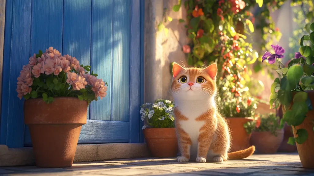 A fluffy orange and white cat sits on a stone patio. It's looking up to the right.  There are potted plants and flowers on either side of it.  The cat is in the sunlight and the background is a little blurred.  There is a blue door in the background.