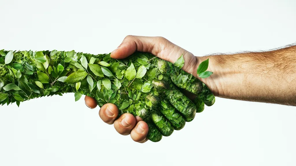 A human hand is shaking the hand of a hand made entirely of green leaves and branches, suggesting a concept of harmony between humans and nature. The image is simple yet powerful, emphasizing the importance of environmentalism and sustainability. The contrasting textures of the human skin and the foliage create a striking visual impact.