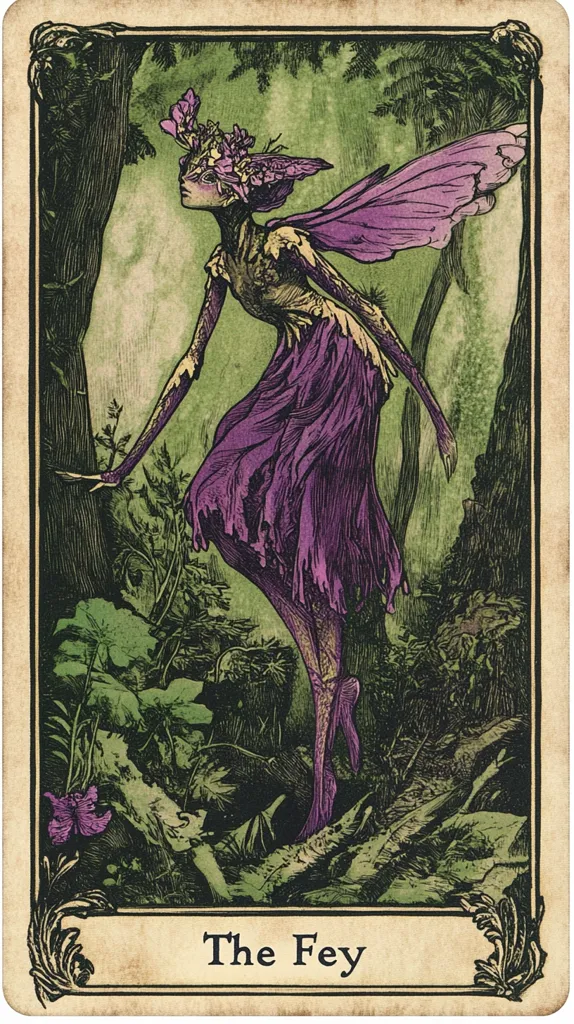The image depicts a fairy with large, iridescent wings, wearing a purple dress and flower crown. She stands on a log in a lush green forest, with trees and foliage surrounding her. The image has a vintage, illustrated style, with a caption at the bottom that reads "The Fey."  The overall atmosphere is whimsical and otherworldly.