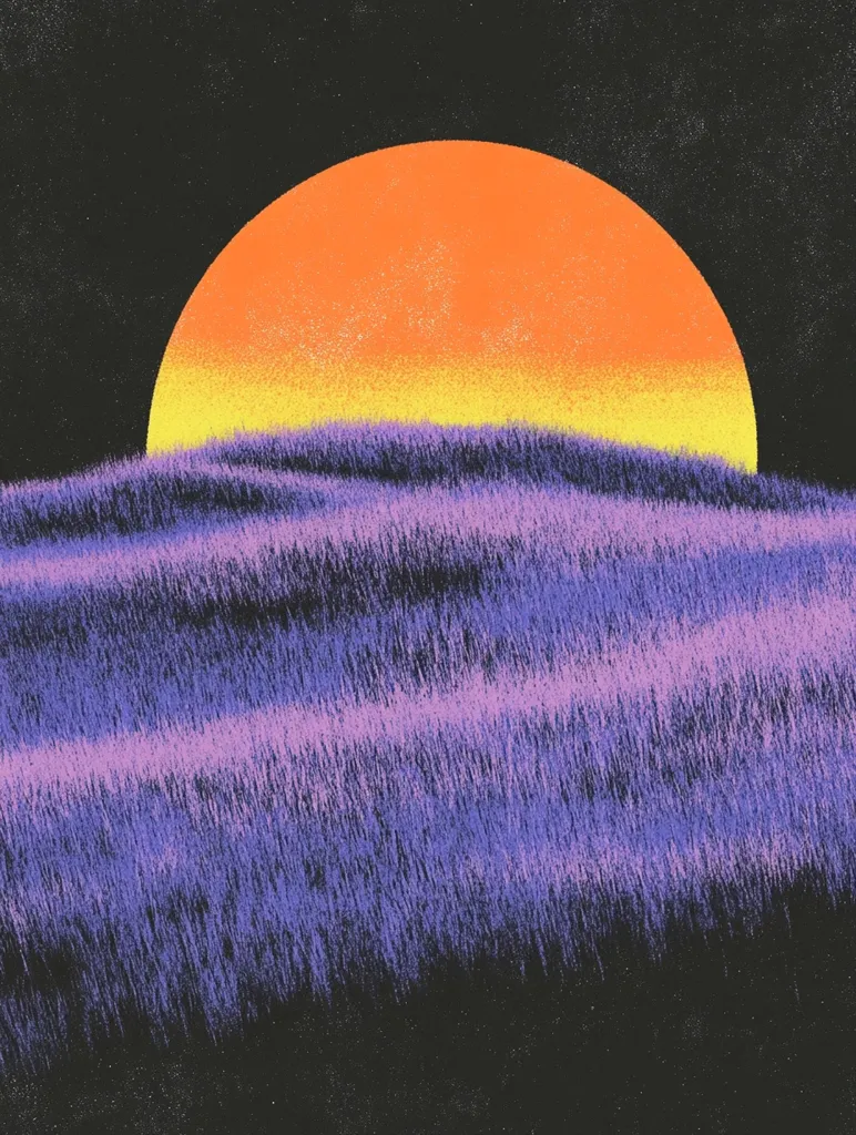 A large, orange and yellow sun sits above a field of purple grass. The sun is textured with tiny, yellow dots. The grass is arranged in horizontal lines, creating a striped effect. The background is black with small white dots, suggesting night. The image is abstract and evocative, with a dreamlike quality.