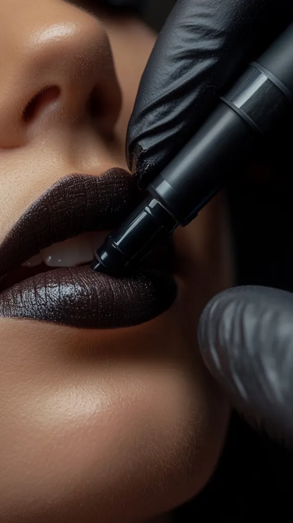 The image shows a close-up of a person's lower face. A gloved hand is holding a black marker and outlining the person's full, dark-colored lips. The focus is on the lips and the marker, highlighting the precision and detail involved in makeup application. The soft lighting and smooth skin create a polished and elegant aesthetic.