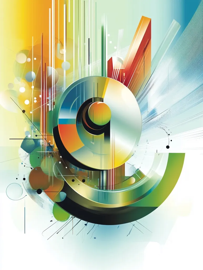 The image is an abstract design with a circular centerpiece made up of multiple overlapping circles in shades of green, gold, and orange. The background features streaks of color, blurred circles, and lines in a faded blue and white. The entire composition feels dynamic and energetic.