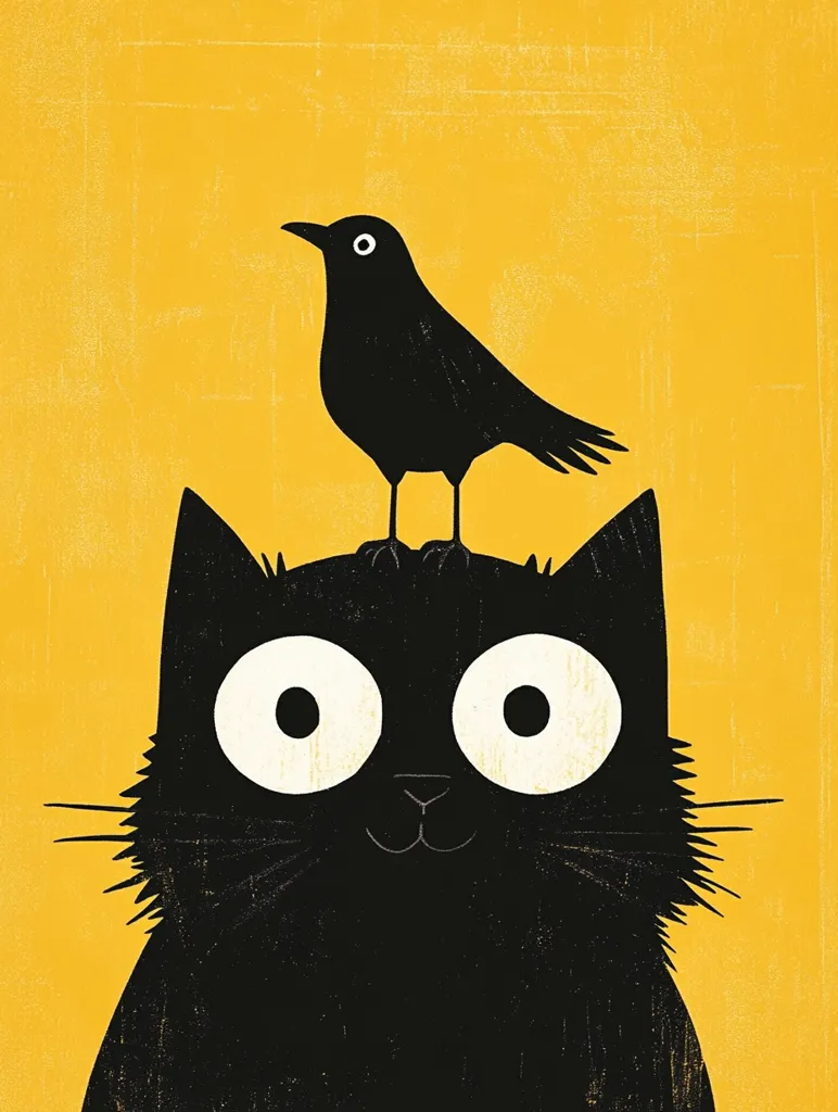 A black cat with large, white eyes and a wide smile sits against a yellow background.  A black bird with a white eye sits on the cat's head, facing left. The image has a cartoonish, minimalist style, with bold outlines and flat colors. The cat appears friendly and curious, while the bird looks alert and watchful.