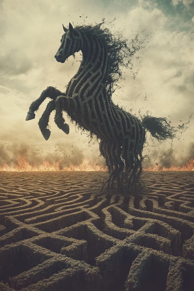 The image depicts a dark, shadowy horse, formed entirely of twisting vines and foliage, standing in a maze. The horse's mane and tail are composed of loose, swirling vines, and its body is made up of a series of interlacing branches. The horse appears to be emerging from a line of flames in the background, which are reflected in the sky. The maze, made of the same kind of dense, overgrown vegetation, extends into the foreground.  The overall effect is one of darkness, mystery, and the forces of nature.