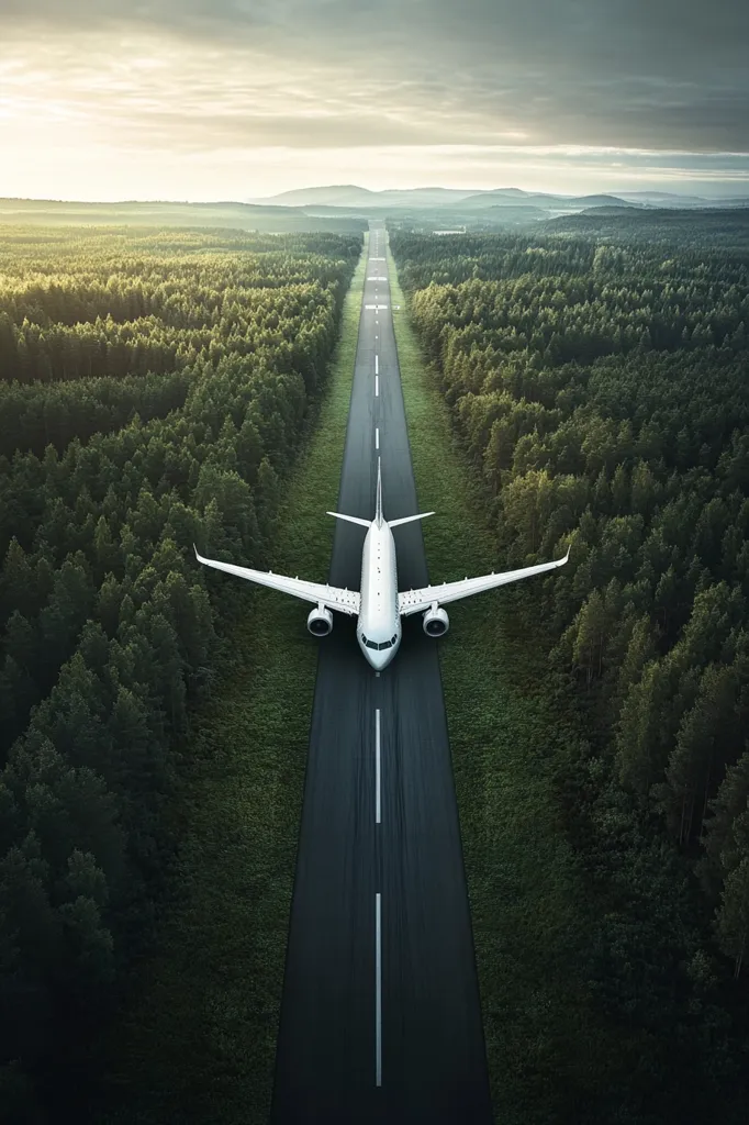 A white airplane is positioned on the tarmac of a runway. The airplane is facing the camera and is positioned in the middle of the frame. The runway is lined with lush green trees on both sides. The sky above is a cloudy gray with a hint of orange sunlight peeking through. The image is taken from an aerial perspective.
