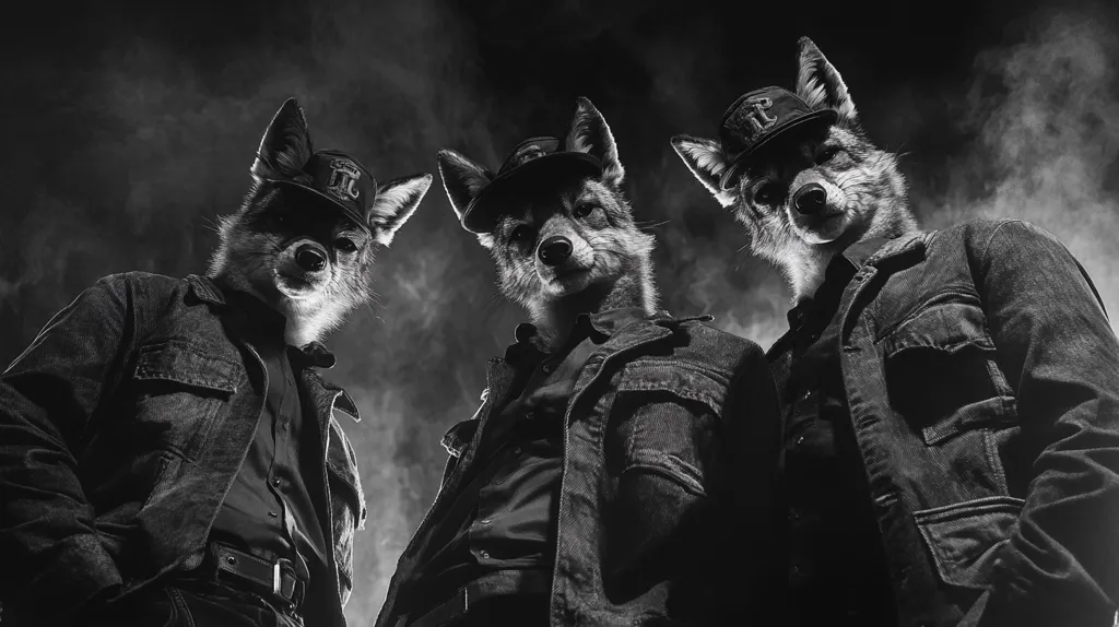 Three wolves, dressed in denim jackets and baseball caps, stand in a shadowy, smoky environment. Their faces are serious, with a hint of menace. The photograph is in black and white, adding to the mysterious and unsettling atmosphere. The composition is close-up, focusing on the wolves' heads and torsos. The image is likely a representation of a group of powerful individuals, perhaps a gang or brotherhood.
