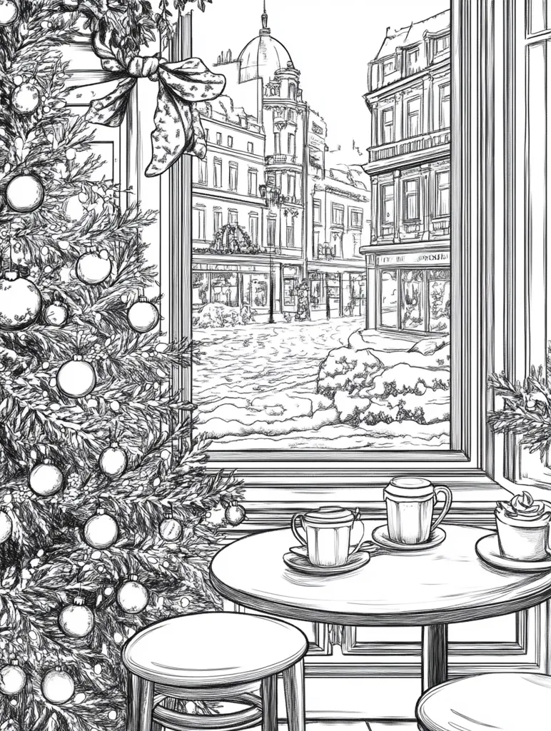 A black and white sketch of a cafe scene with a view of a snowy European street outside. A decorated Christmas tree is positioned next to a table with two cups of coffee and a small plate of dessert.  The windows frame the picturesque street scene, complete with quaint buildings and a hint of a winter wonderland. The drawing evokes a cozy and festive atmosphere.