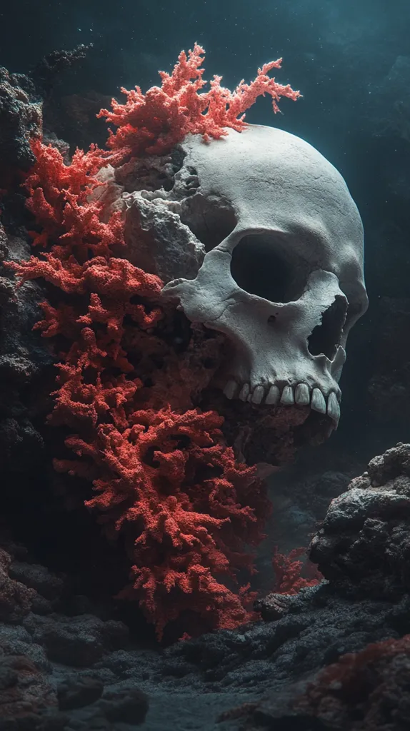 A human skull, partially obscured by a vibrant coral reef, rests against a dark and rocky background. The coral, a striking crimson, contrasts with the stark white of the skull, creating a sense of both beauty and decay.  The image evokes a feeling of mystery and the passage of time.