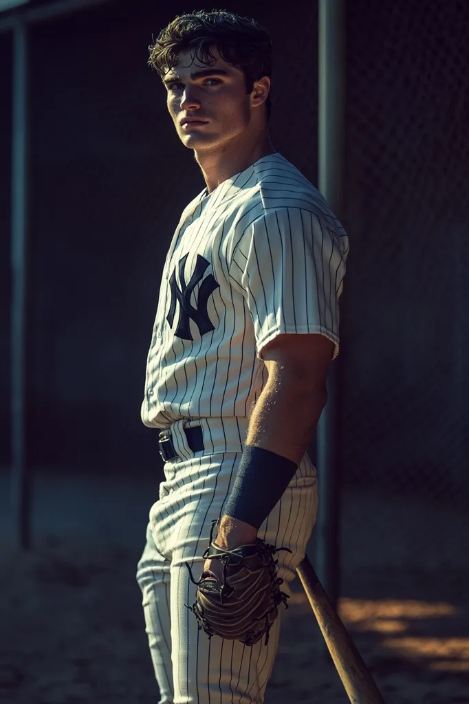 A young man in a New York Yankees baseball uniform stands with a serious expression. He is holding a baseball bat with his gloved hand and looks to the side. His uniform is pinstriped and his pose is casual, suggesting he is a player in the midst of a game or practice. The image is taken in a shadowy setting, highlighting the man and his uniform.