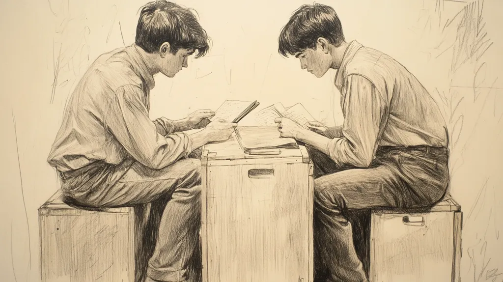 The drawing depicts two young men, likely brothers, seated on crates facing each other.  They are intently studying documents, possibly papers or letters.  Their postures are relaxed, suggesting a comfortable and familiar setting.  The detailed shading and realistic depiction of their clothes, especially their trousers, create a sense of depth and authenticity.  The overall tone of the piece is contemplative and intimate, hinting at a shared experience or perhaps a moment of reflection.