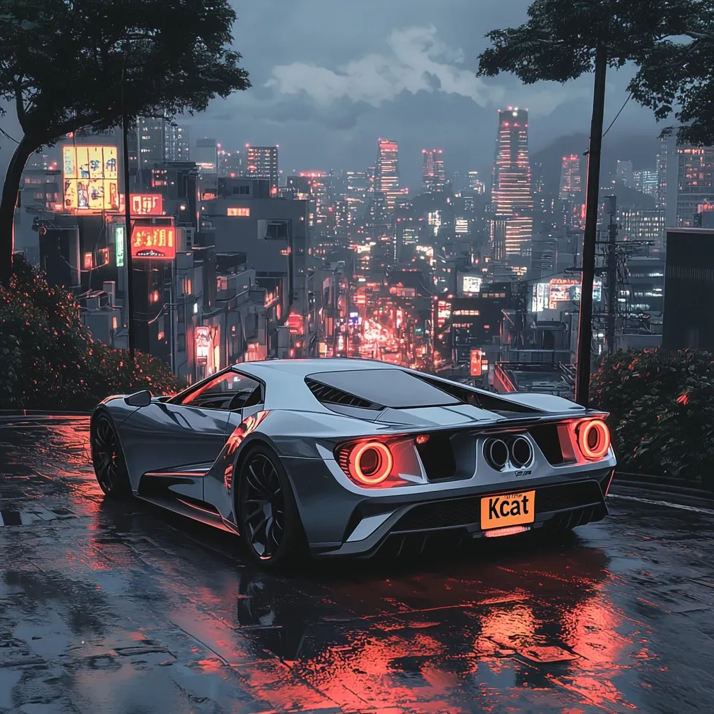 A sleek, silver sports car with red taillights sits parked on a wet city street. The car is facing away from the viewer, and the license plate reads "Kcat". The background is a cityscape at night, with buildings lit up in red and orange hues. The street is empty and reflective, with a faint glow from the city lights.  The image is captured with a low angle, highlighting the car's curves.