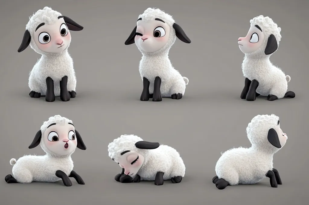 Six adorable, cartoonish lambs are depicted in different poses. They have fluffy white wool, black ears and hooves, and expressive eyes. The lambs are arranged in a semi-circle, creating a playful and charming composition. Each lamb exhibits a unique expression and posture, highlighting their individual personalities. The background is a simple, neutral gray, allowing the lambs to take center stage. The overall image evokes a sense of innocence and cuteness.
